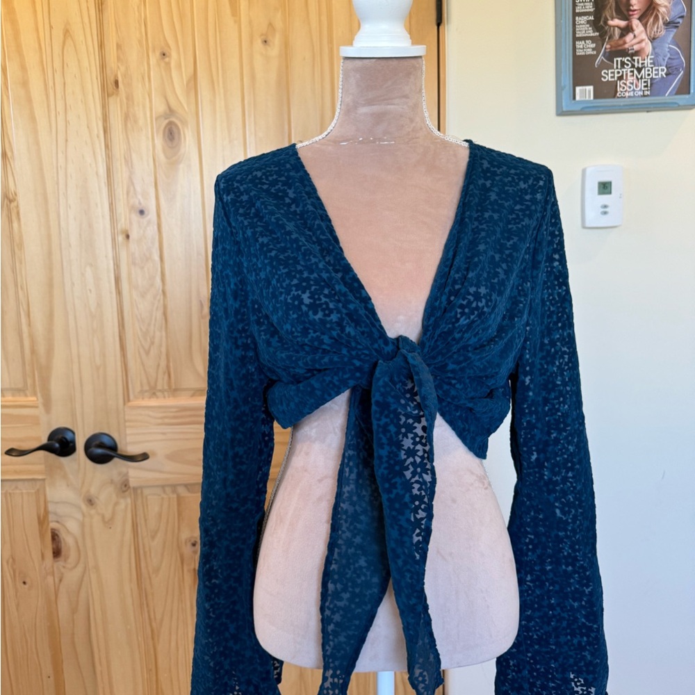 Chic Velvet Flower Teal Tie-Front Top